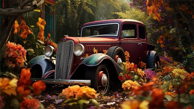 Foto vintage-auto mit blumen im garten3d-rendering