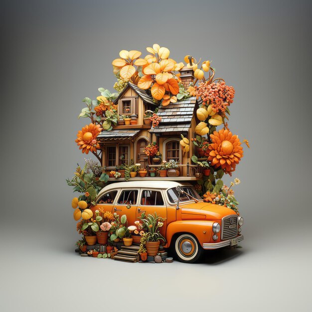 Vintage-Auto mit orangefarbenen Blumen
