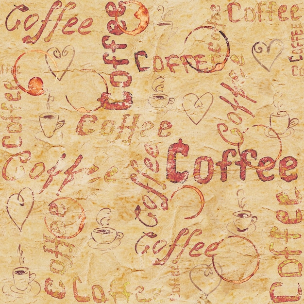 Vintage beige nahtloses Kaffeemuster mit Schriftzug, Herzen, Kaffeetassen und Tassenspuren