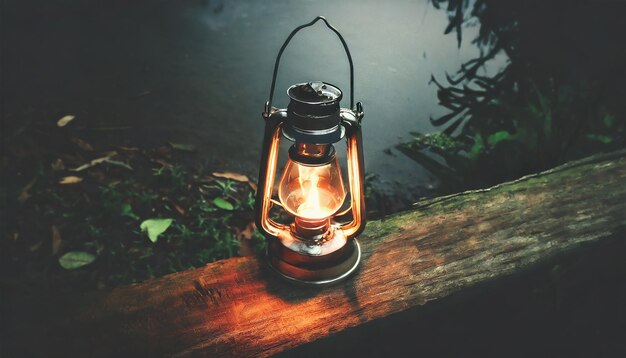 Foto vintage benzinöl-lampenlampe brennt mit einem weichen leuchtlicht in einem dunklen waldholz