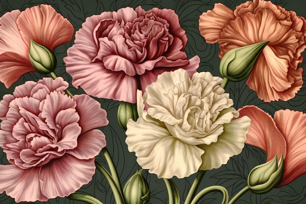 Vintage-Blumenhintergrund mit Nelkenblüten. Handgezeichnete Illustration