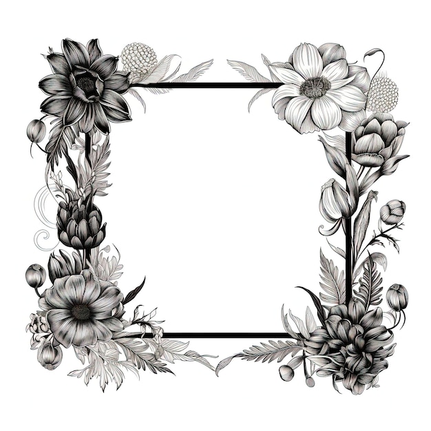 Vintage-Blumenrahmen mit handgezeichneten Blumen und Blättern. Monochrome Illustration. Generative KI