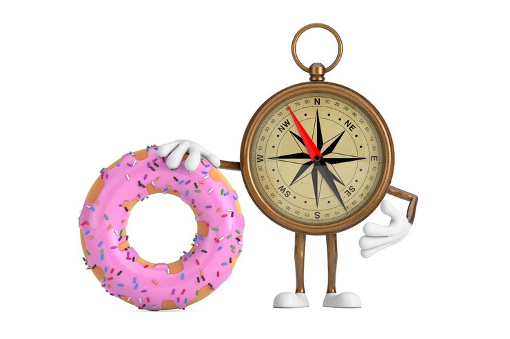 Foto vintage brass compass personaje de dibujos animados mascota con una gran rosquilla de fresa rosada en un fondo blanco renderización 3d