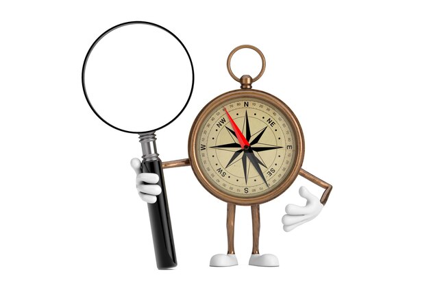 Vintage Brass Compass Personaje de dibujos animados Personaje Mascota con lupa sobre un fondo blanco Renderización 3D