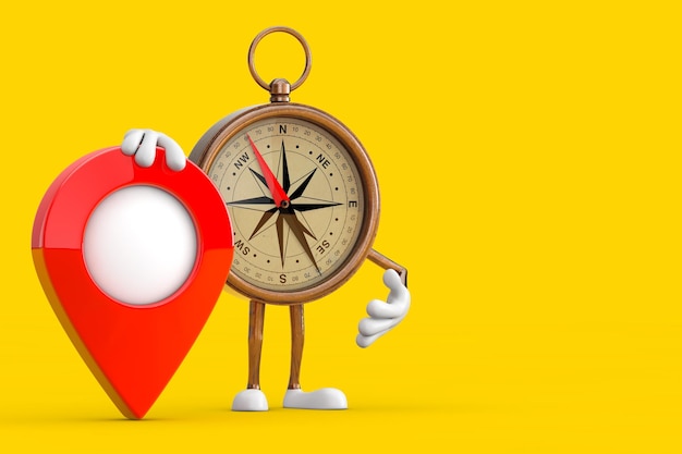 Vintage Brass Compass Personaje de dibujos animados Personaje Mascota con pin de puntero de mapa de objetivo rojo en un fondo amarillo Renderización 3D