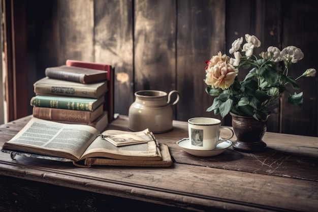 Vintage-Bücher, eine Kaffeetasse und eine Blume auf einem Holzschreibtisch im Loft-Stil. Platz zum Arbeiten und Kopieren