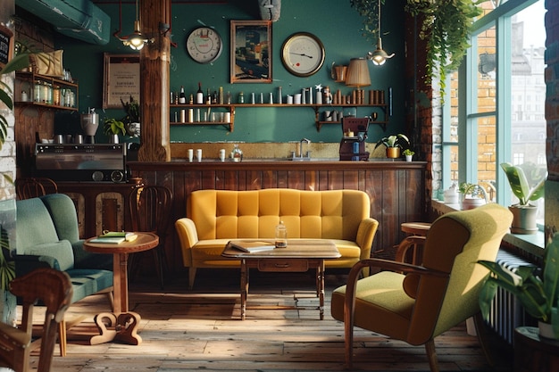 Vintage Café mit Retro-Möbeln und einem Coz