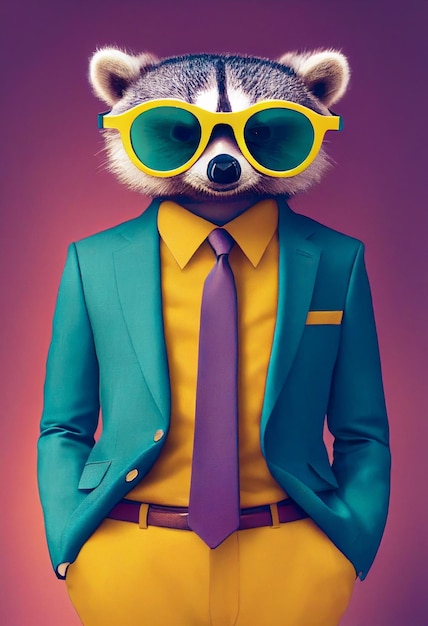 Foto vintage cartoon character hipster raccoon en traje de negocios azul corbata gafas grandes imagen generada ai