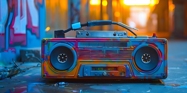Foto vintage cassette recorder s boombox em graffiticovered room concept eletrônica vintage estética retro decadência urbana tecnologia antiquada arte de rua