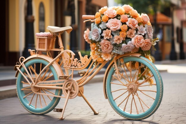 Vintage-Charme blüht in städtischen Straßen Retro-Fahrrad geschmückt mit Blumendekorationen ar 32