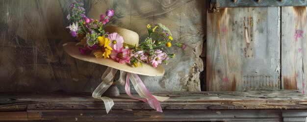 Vintage-Charme Eine mit Pastellblumen geschmückte Osterkappe, die an einem Holzpfahl hängt