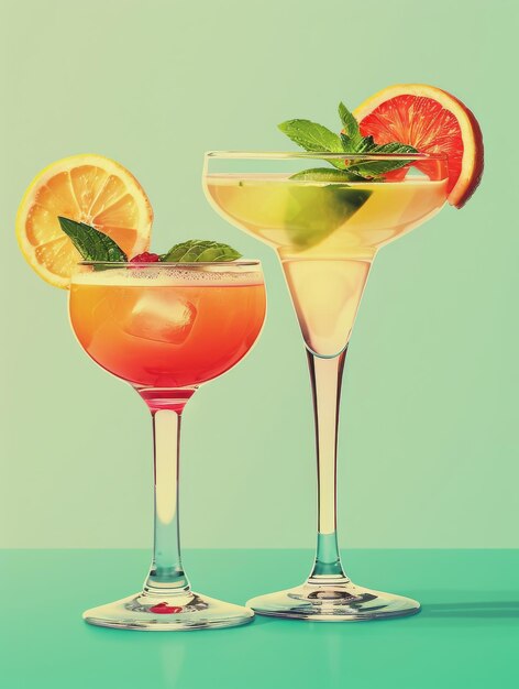 Foto vintage-cocktails aus den 80ern und 90ern, trink auf grünem hintergrund, poster im retro-stil mit getränk