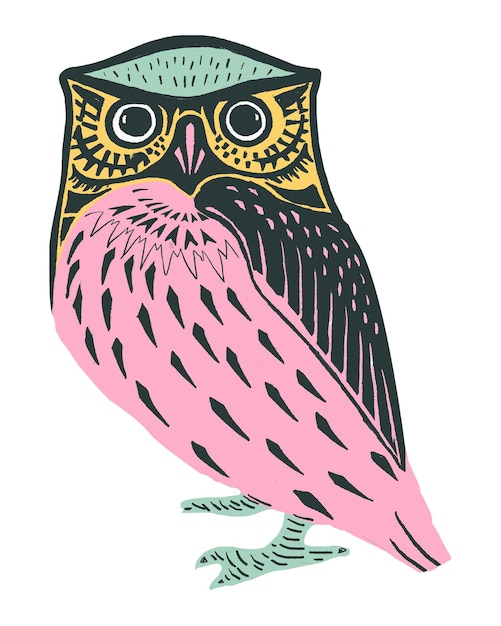 Vintage colorido coruja adesivo png ilustração de estilo linocut
