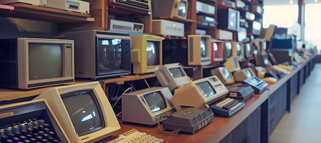 Vintage-Computer, ordentlich auf einem rustikalen Holztisch angeordnet