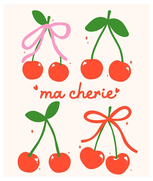 Vintage Coquette Cerezas rojas Ma Cherie Colección de diseño plano mínimo