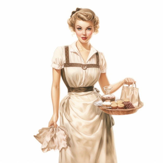 Vintage-Design Emily mit Zuckerbeutel in Schürze auf weißem Hintergrund