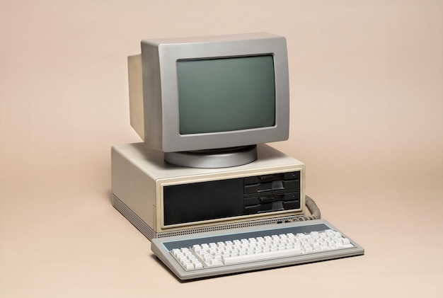 Vintage-Desktop-PC, der veraltete Technologie und Innovation auf beige Hintergrund darstellt