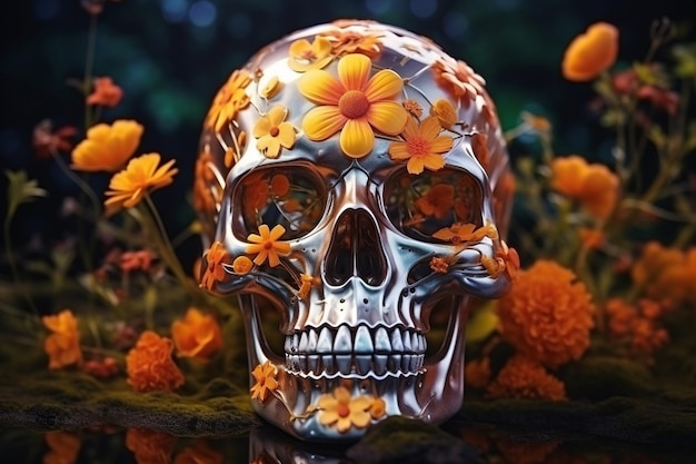 Vintage diseño de hueso decoración muerte muerta flor arte espeluznante gótico terror oscuro cráneo negro azúcar halloween símbolo cabeza esqueleto fondo floral humano