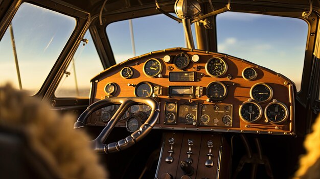 Vintage Doppelflugzeug-Kockpit mit Messingmessgeräten, Mahagoni-Paneelen und warmem Sonnenlicht