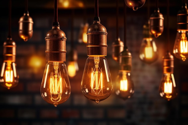 Vintage-Edison-Glühbirnen leuchten im Dunkeln. Ideenkonzept