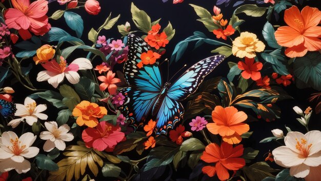 Vintage-Eleganz Ein glänzender Schmetterling inmitten exotischer Blüten