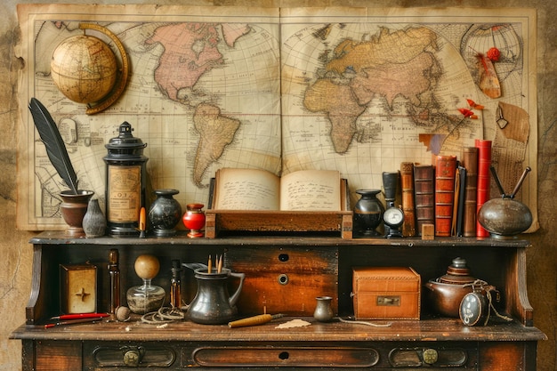 Vintage-Erkundungs- und Reise-Themen-Schreibtisch mit Weltkarte, antiken Büchern und nautischen Akzenten