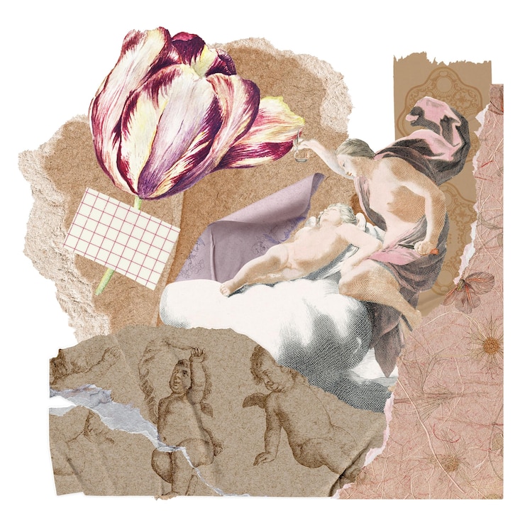 Foto vintage estética efímera png collage fondo de medios mixtos con personas y flores fondo transparente