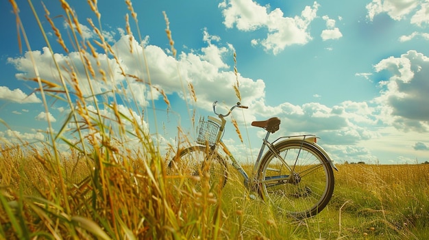 Foto vintage-fahrrad steht in einem luftigen grasland generative ai