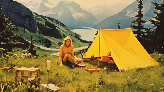 Vintage Familiencamping in einem Zelt in der Naturfotografie Berge Hintergrunddesign Generative KI