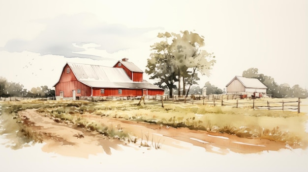 Vintage Farm Aquarellmalerei mit roter Scheune und weißem Zaun