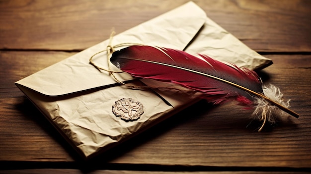 Foto vintage feder und papier auf holztisch