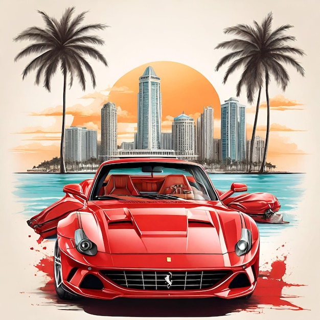 Vintage Ferrari Miami Landmarks Tee com tons vibrantes