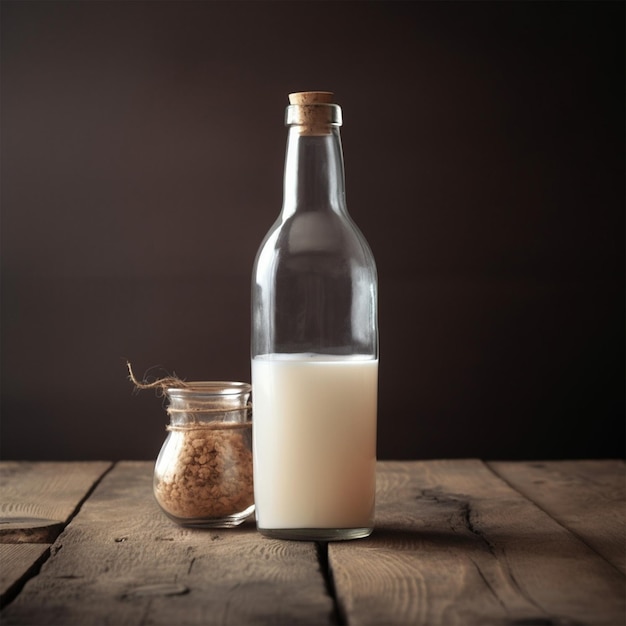 Vintage-Flasche mit Korken aus gealtertem Holz und Milch