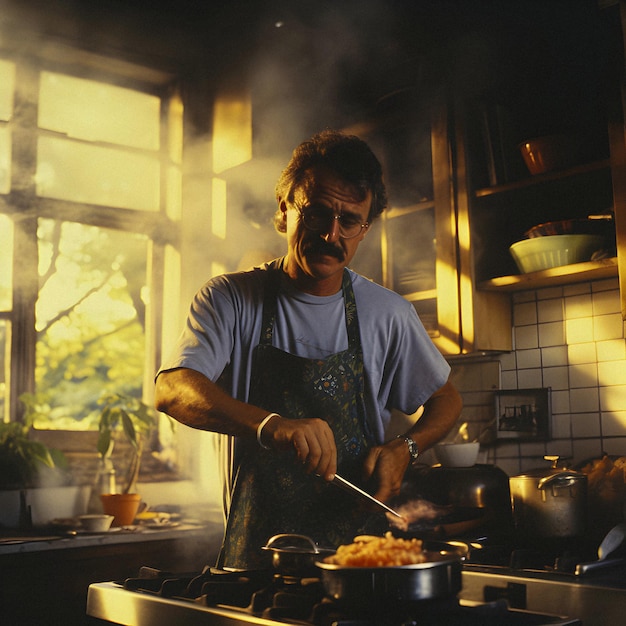 Foto vintage-fotografie eines mannes, der in den 80ern kocht, alltägliche szene im vintage-polaroid-stil