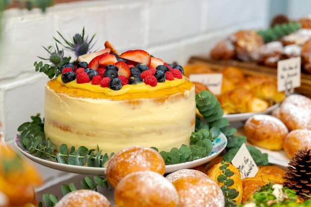 Vintage Frischer und leckerer Kuchen auf einem Tisch mit mehr Snacks auf elegante Weise dekoriert.