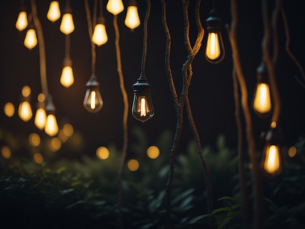 Vintage-Glühbirnen im Garten mit Bokeh-Hintergrund