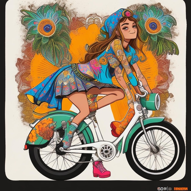 Vintage Goa Vibes Retro Royal Enfield Bike con Hippy Girl Graffiti Art Diseño de camiseta con ciclo