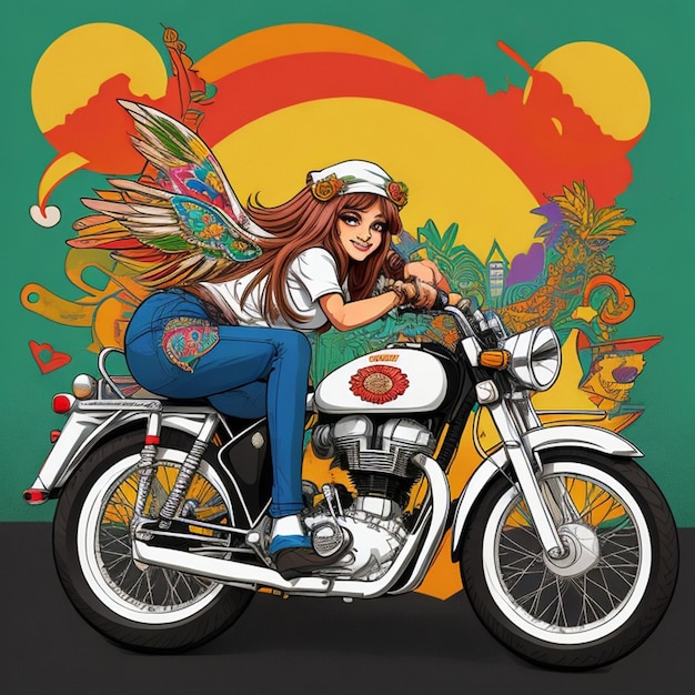 Vintage Goa Vibes Retro Royal Enfield Bike con Hippy Girl Graffiti Art Diseño de camiseta con ciclo