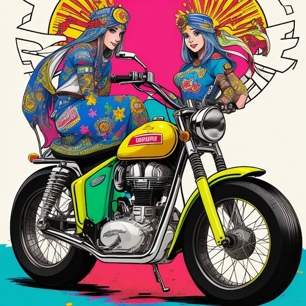 Vintage Goa Vibes Retro Royal Enfield Bike con Hippy Girl Graffiti Art Diseño de camiseta con ciclo