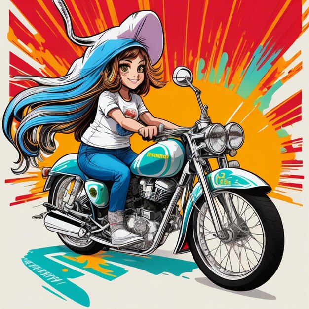 Vintage Goa Vibes Retro Royal Enfield Bike mit Hippy Girl Graffiti Art T-Shirt Design mit Fahrrad