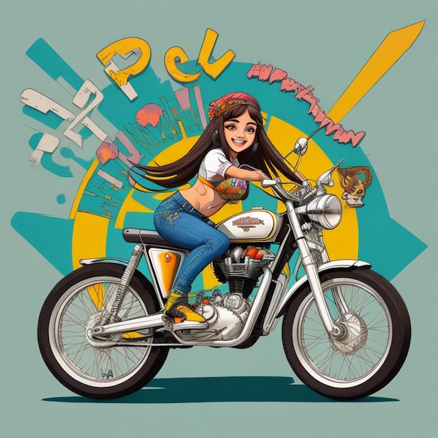 Vintage Goa Vibes Retro Royal Enfield Bike mit Hippy Girl Graffiti Art T-Shirt Design mit Fahrrad