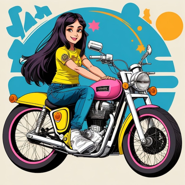 Vintage Goa Vibes Retro Royal Enfield Bike mit Hippy Girl Graffiti Art T-Shirt Design mit Fahrrad