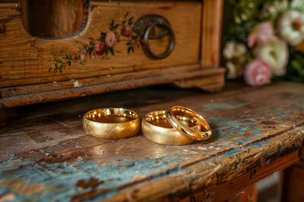 Vintage goldene Hochzeitsringe auf einem rustikalen Holztisch mit elegantem Blumenarrangement auf dem Hintergrund