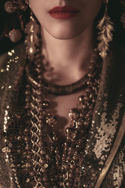 Vintage goldener Schmuck mit einer Kette, die um den Hals einer Frau hängt. Altmodischer Stil