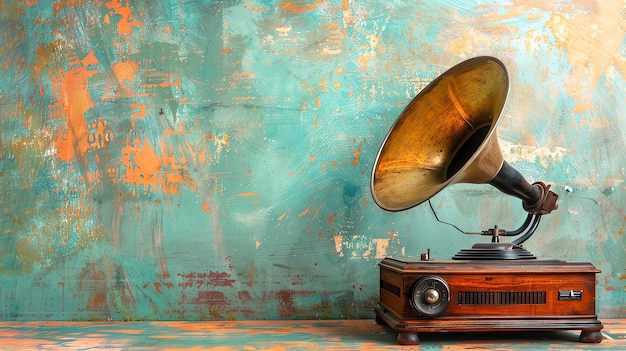 Vintage-Gramophone mit großem Horn gegen eine texturierte Teal-Wand