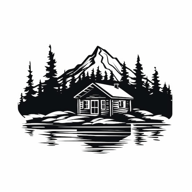 Vintage Graphic Cabin Silhouette Adventurecore Artwork con el lago de la montaña y el bosque