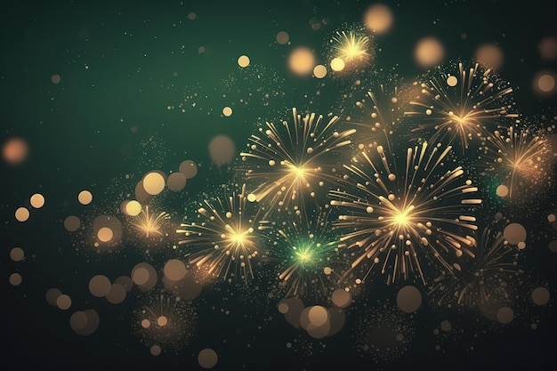 Vintage grüne und goldene Silvester-Feuerwerk-Bokeh- und Kopierraumferien mit abstraktem Hintergrund