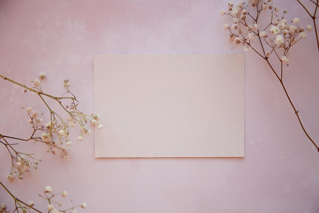 Vintage-Grußkarten-Attrappe auf rosa Hintergrund. Gypsophila Blumendekor. Sicht von oben. Glückwunschkonzept zum Muttertag. Platz kopieren