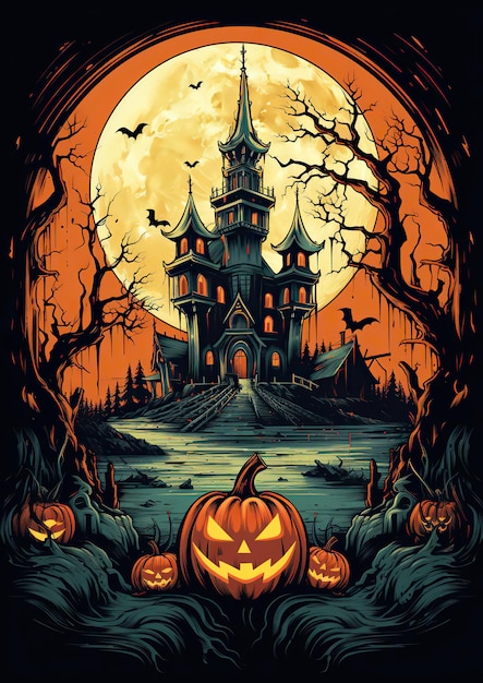 Vintage-Halloween-Illustration mit Spukschloss und Kürbis