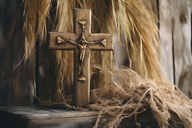 Vintage-Heiliges Kreuz aus verwittertem Scheunenholz und geschmücktem Kreuz, Palmsonntag-Foto, christliche Kunst